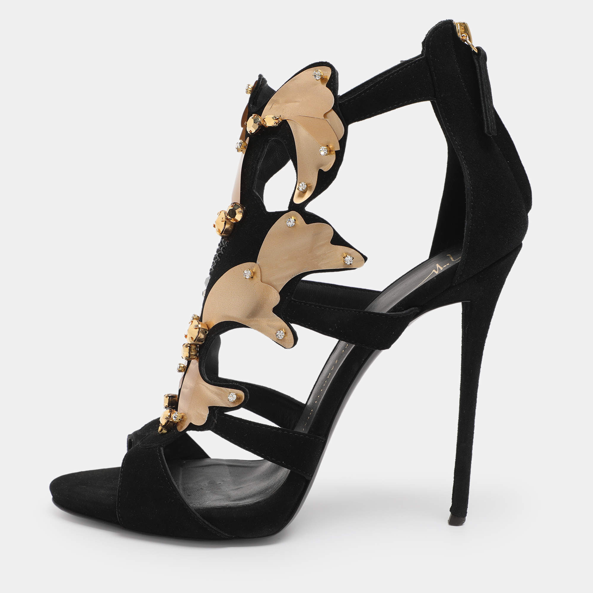Pre Owned Giuseppe Zanotti Black/Gold Crystal Embellished Suede and Vinyl Strappy Sandals Size 41