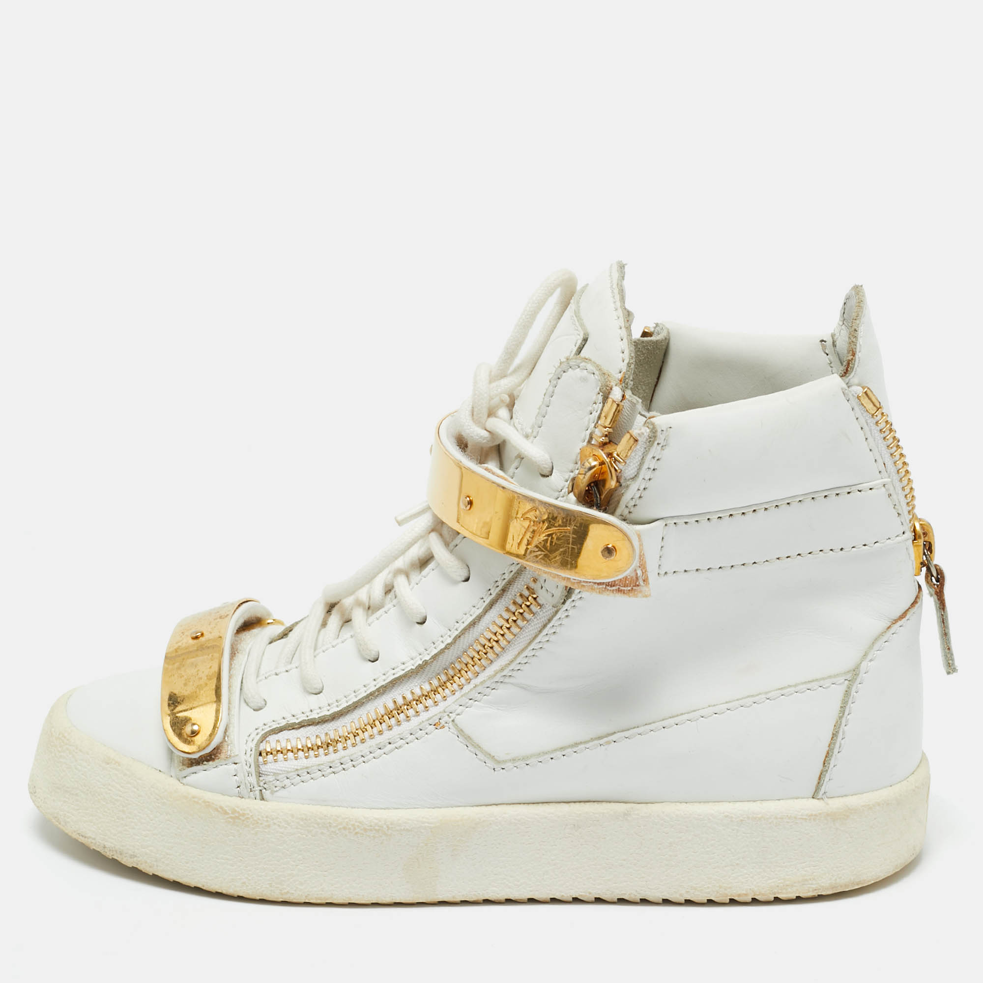 Pre Owned Giuseppe Zanotti White Leather Coby High Top Sneakers Size 37