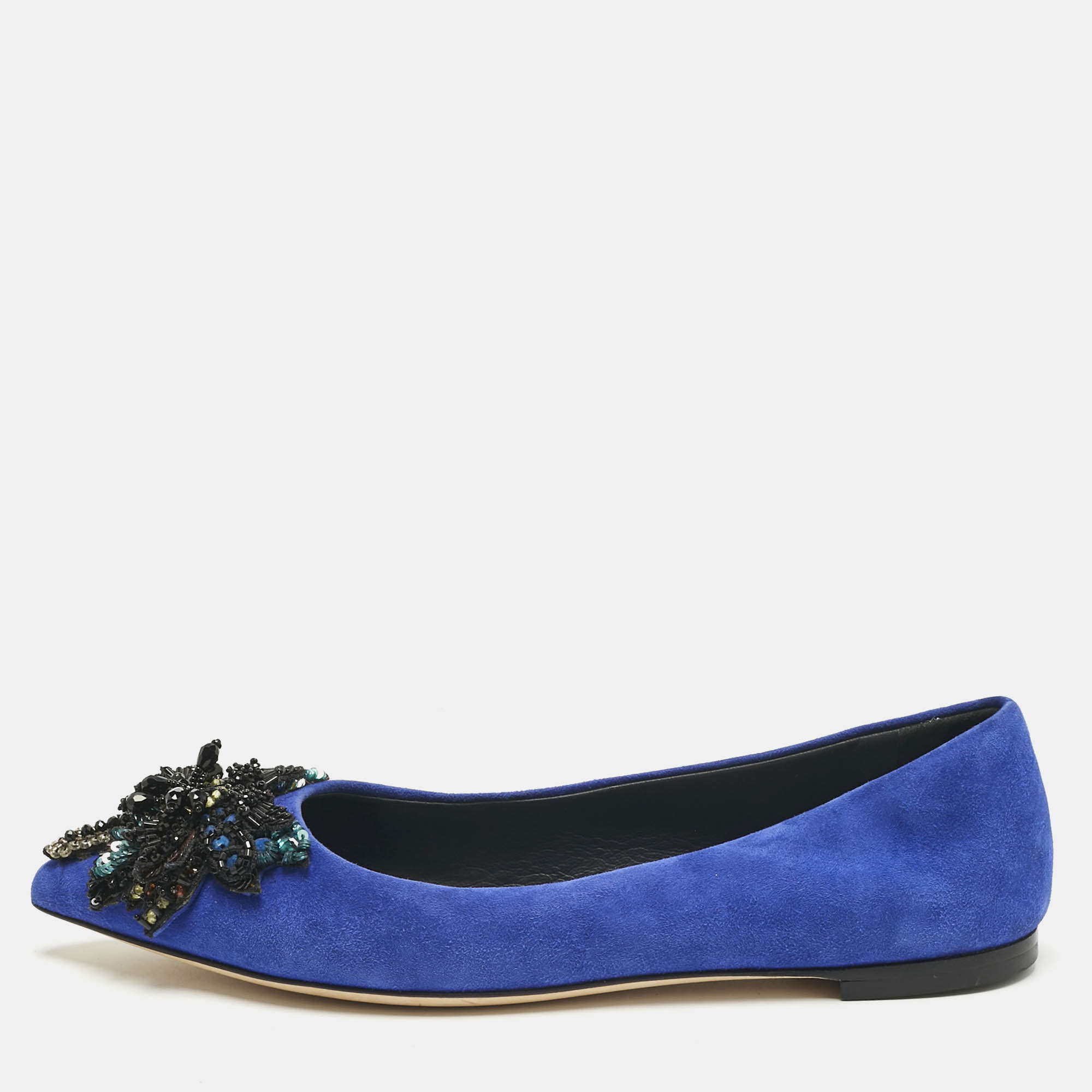 Pre Owned Giuseppe Zanotti Blue Suede Crystal Embellished Ballet Flats Size 36