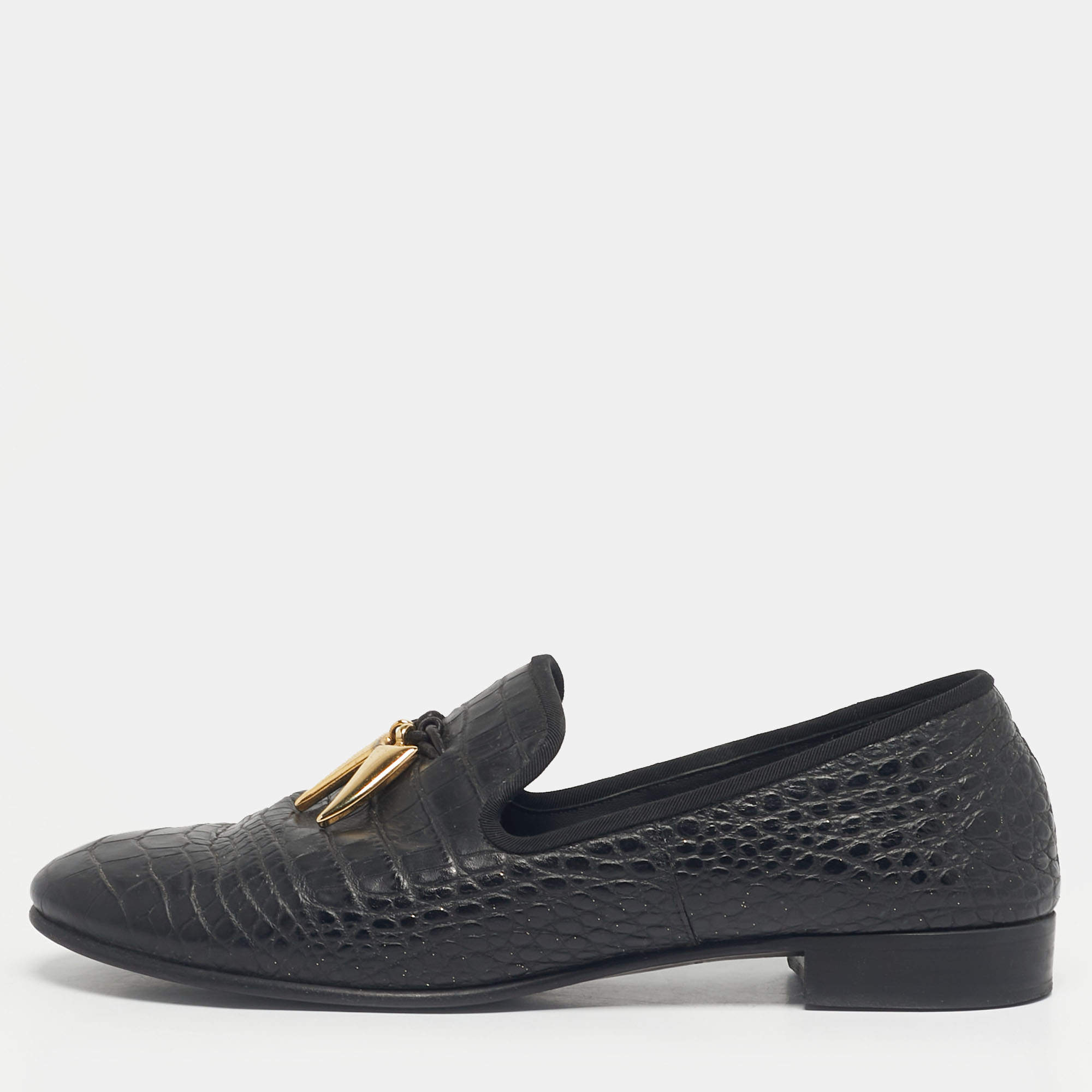 Pre Owned Giuseppe Zanotti Black Croc Embossed Leather Shark Tooth Smoking Slippers Size 42