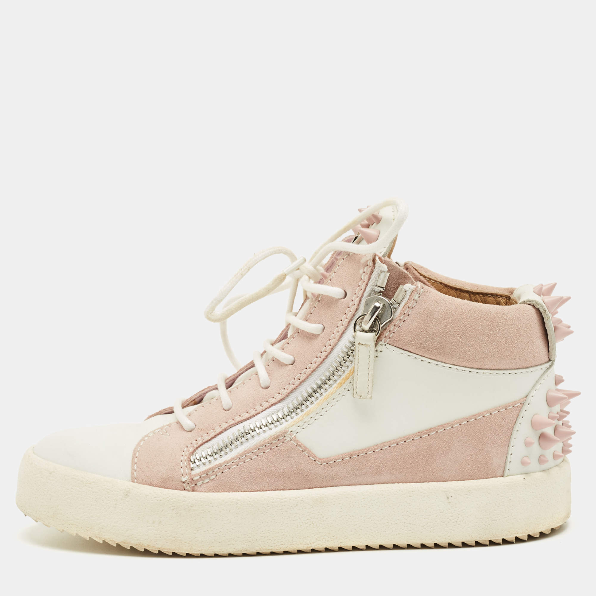 Pre Owned Giuseppe Zanotti Pink/White Suede and Leather Double Zipper High Top Sneakers Size 37