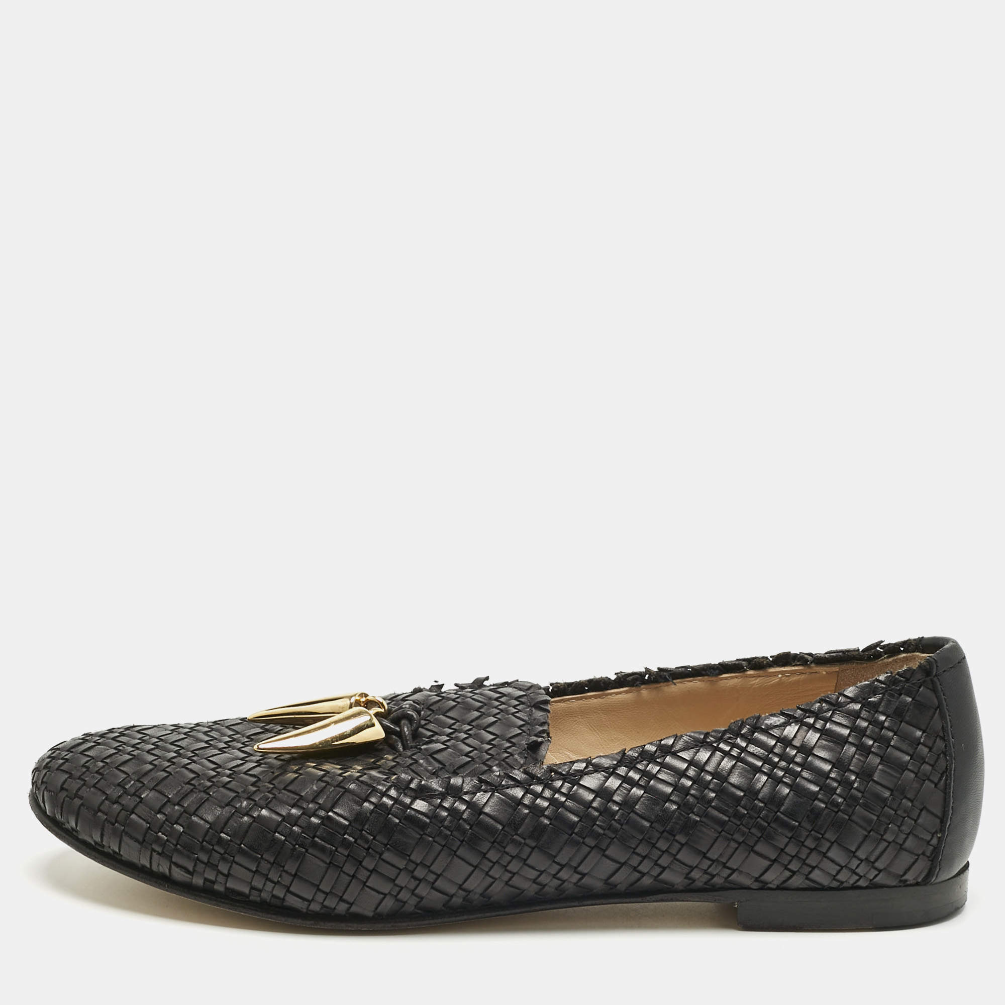 مملوكة مسبقًا Giuseppe Zanotti Black Woven Leather Shark Tooth Embellish Smoking Slippers Size 37