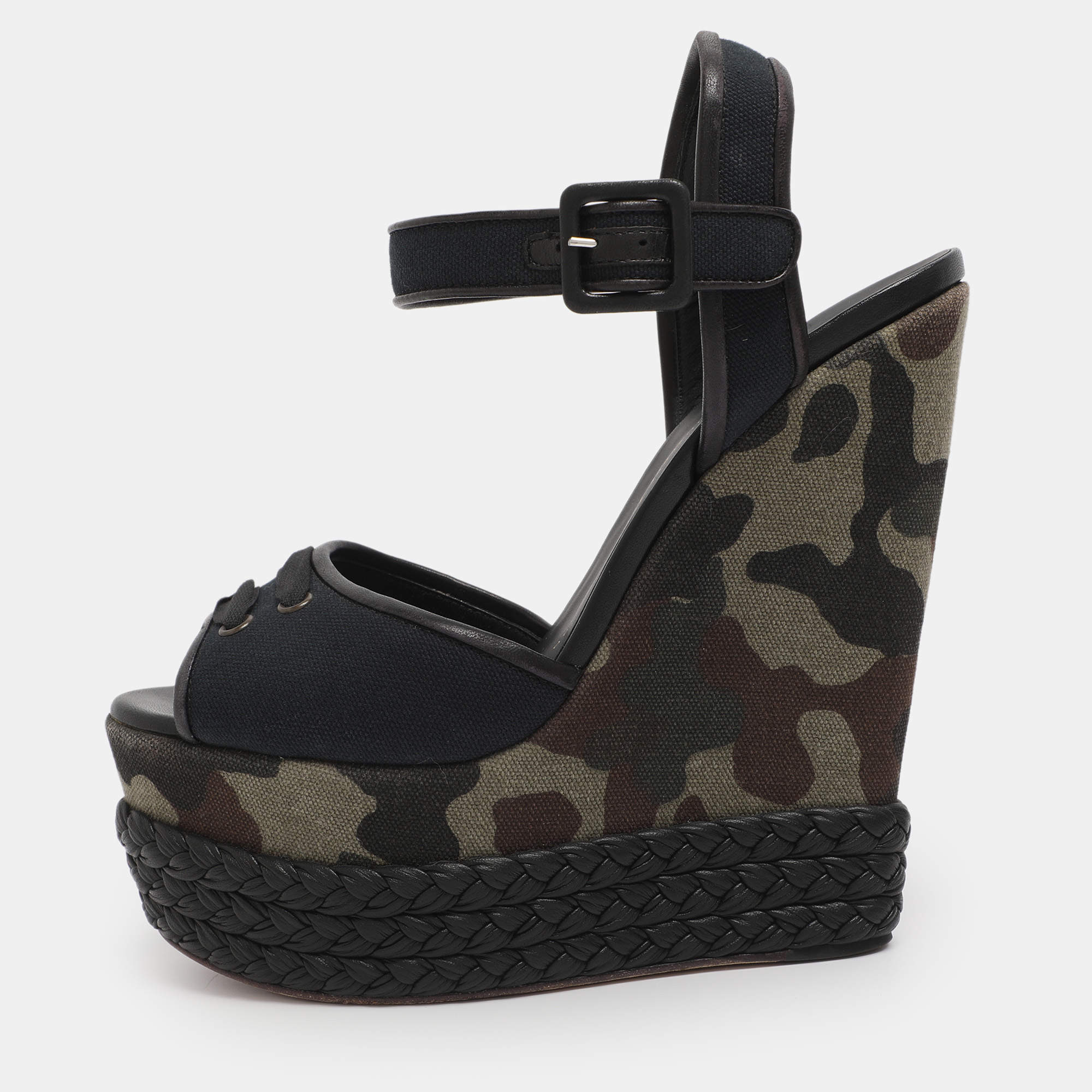 Pre Owned Giuseppe Zanotti Black Canvas And Leather Camouflage Platform Wedge Sandals Size 37