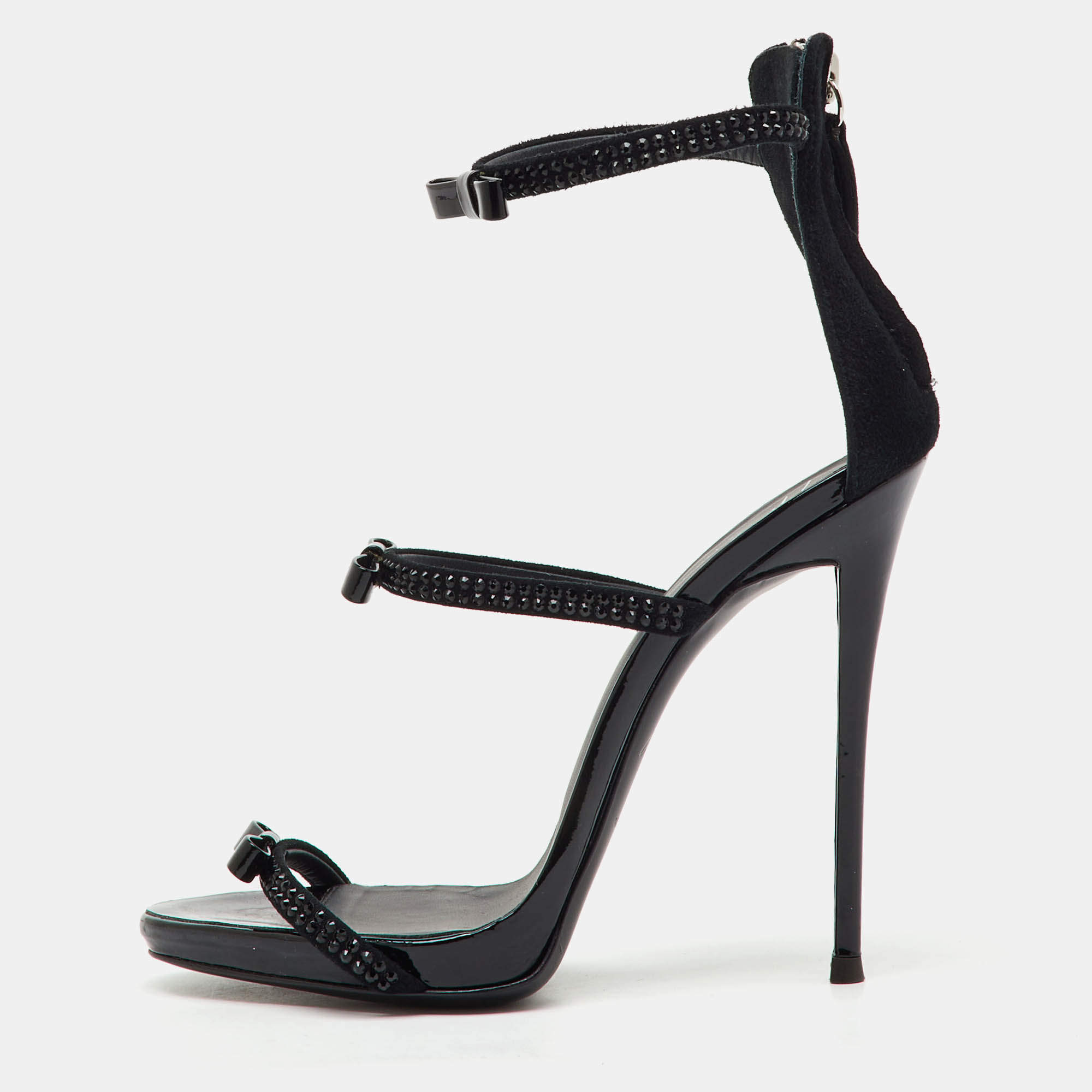 Pre Owned Giuseppe Zanotti Black Suede and Patent Leather Bow Harmony Ankle Strap Sandals Size 36