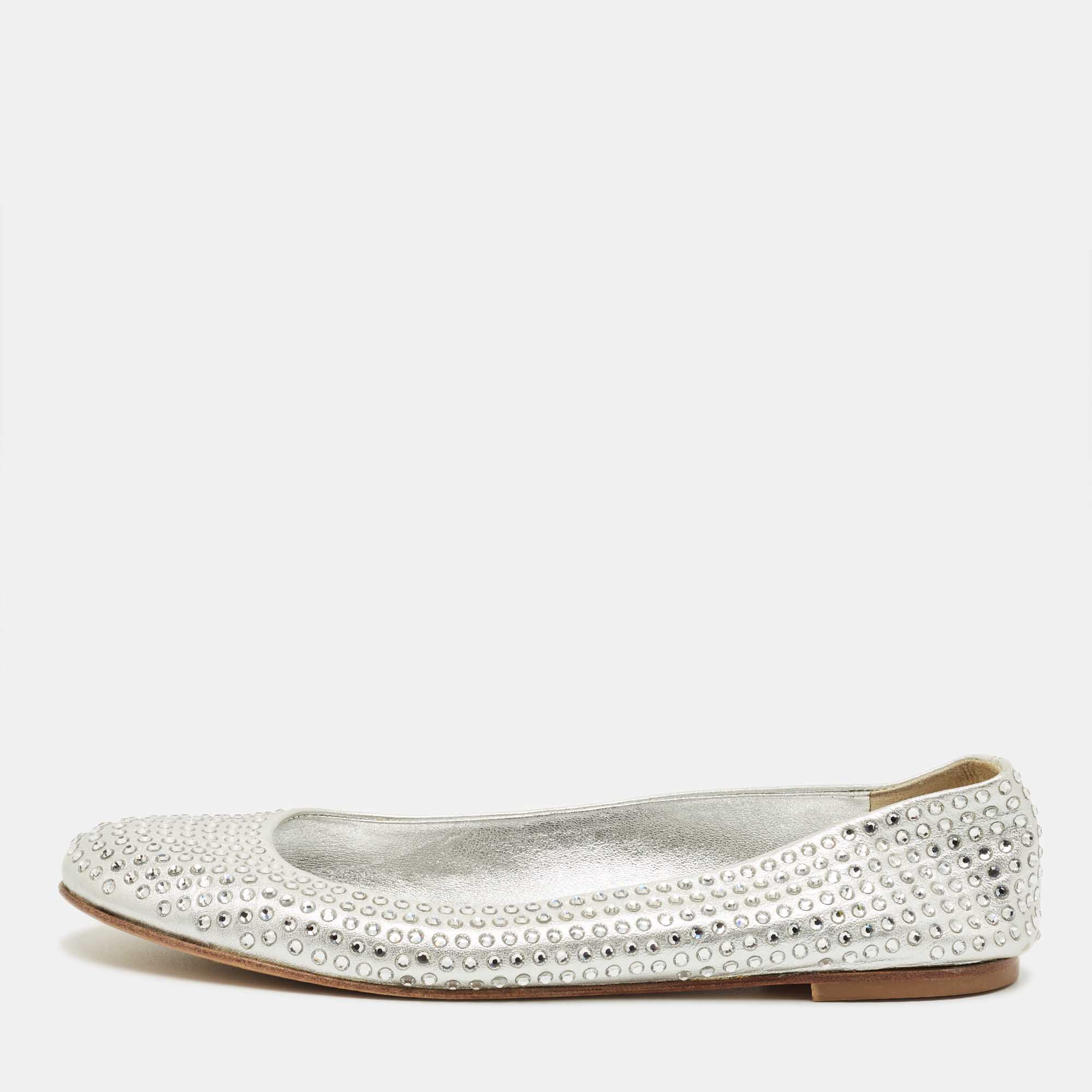 Pre Owned Giuseppe Zanotti Silver Crystals and Leather Ballet Flats Size 39