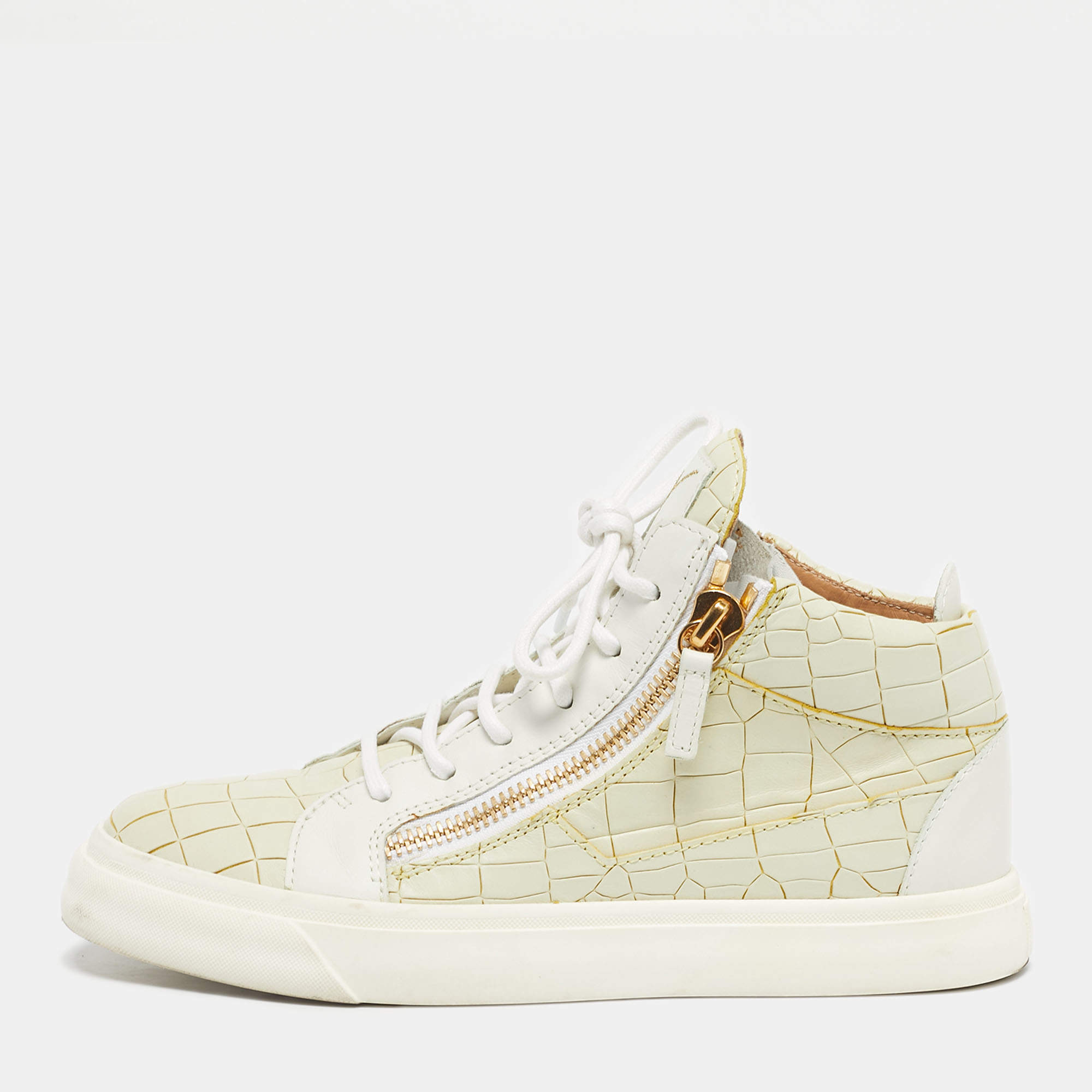 Pre Owned Giuseppe Zanotti Cream/White Croc Embossed and Leather High Top Sneakers Size 38