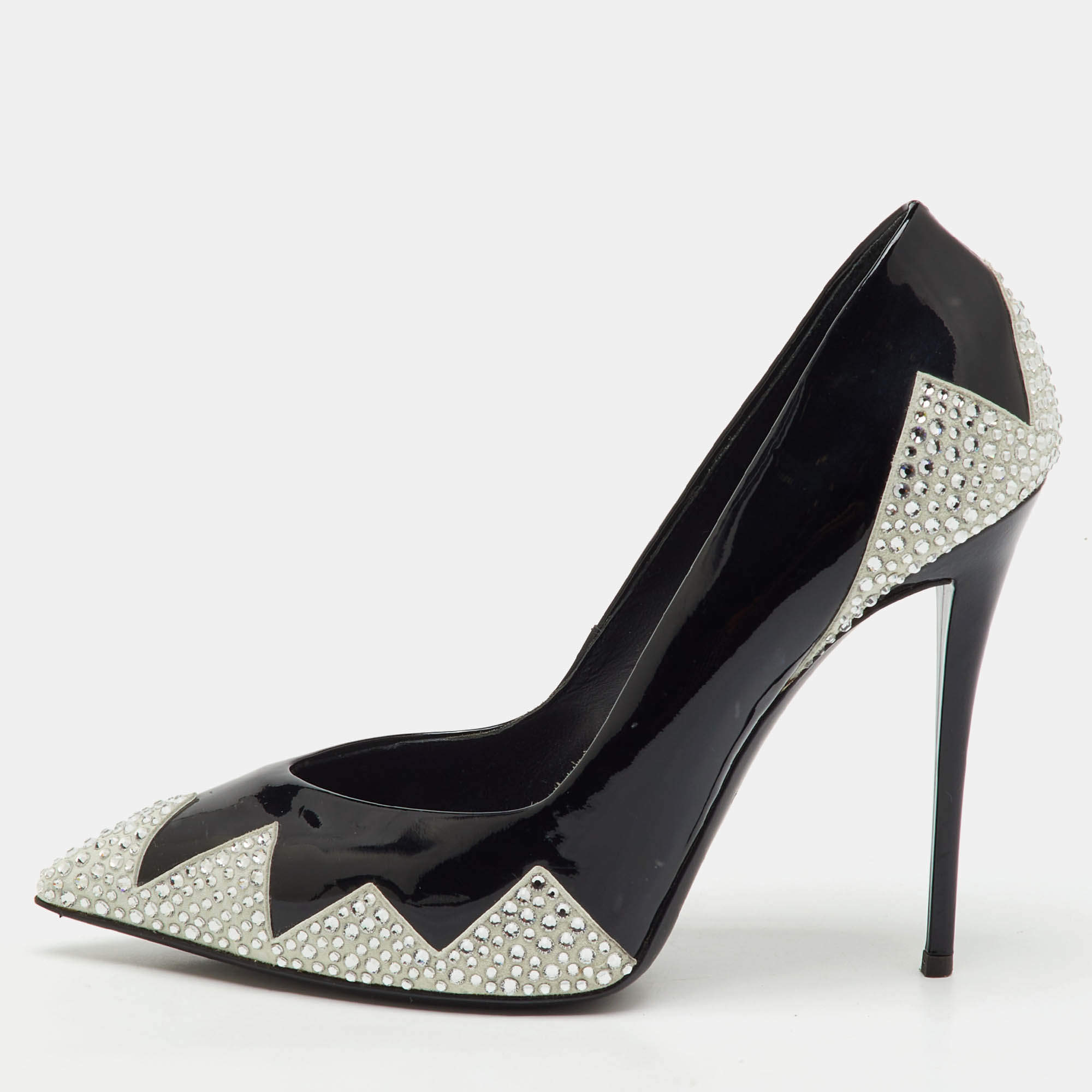 Pre Owned Giuseppe Zanotti Black Patent Leather and Suede Crystal Embellished Pointed Toe Pumps Size 38