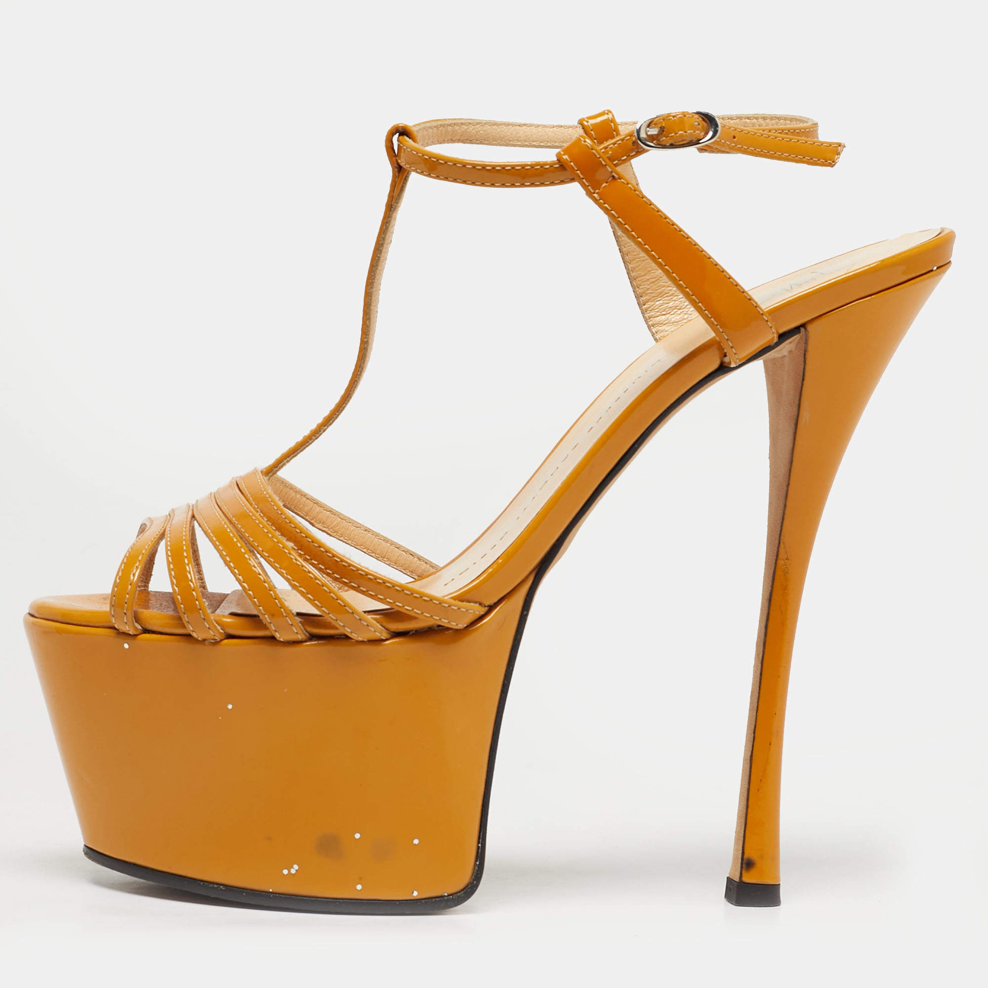 Pre Owned Giuseppe Zanotti Yellow Patent Leather T-Strap Platform Sandals Size 37