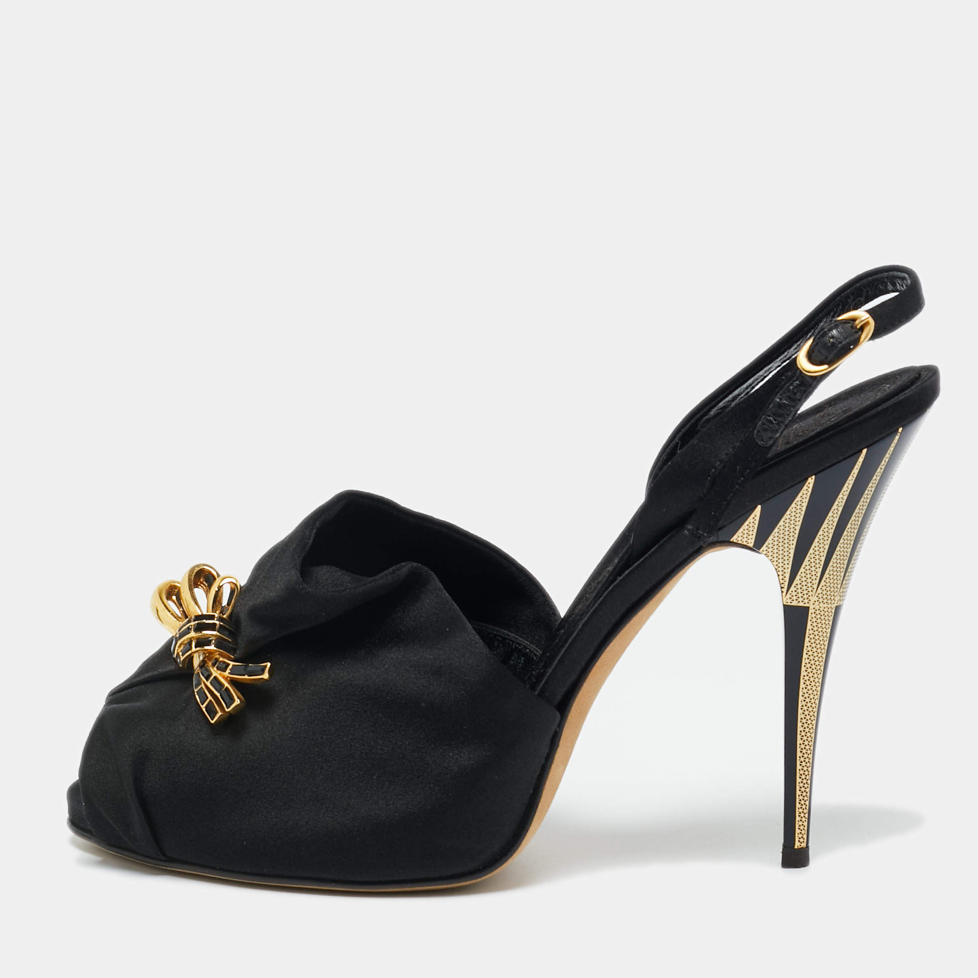 Pre Owned Giuseppe Zanotti Black Satin Bow Crystal Embellish Slingback Sandals Size 37.5