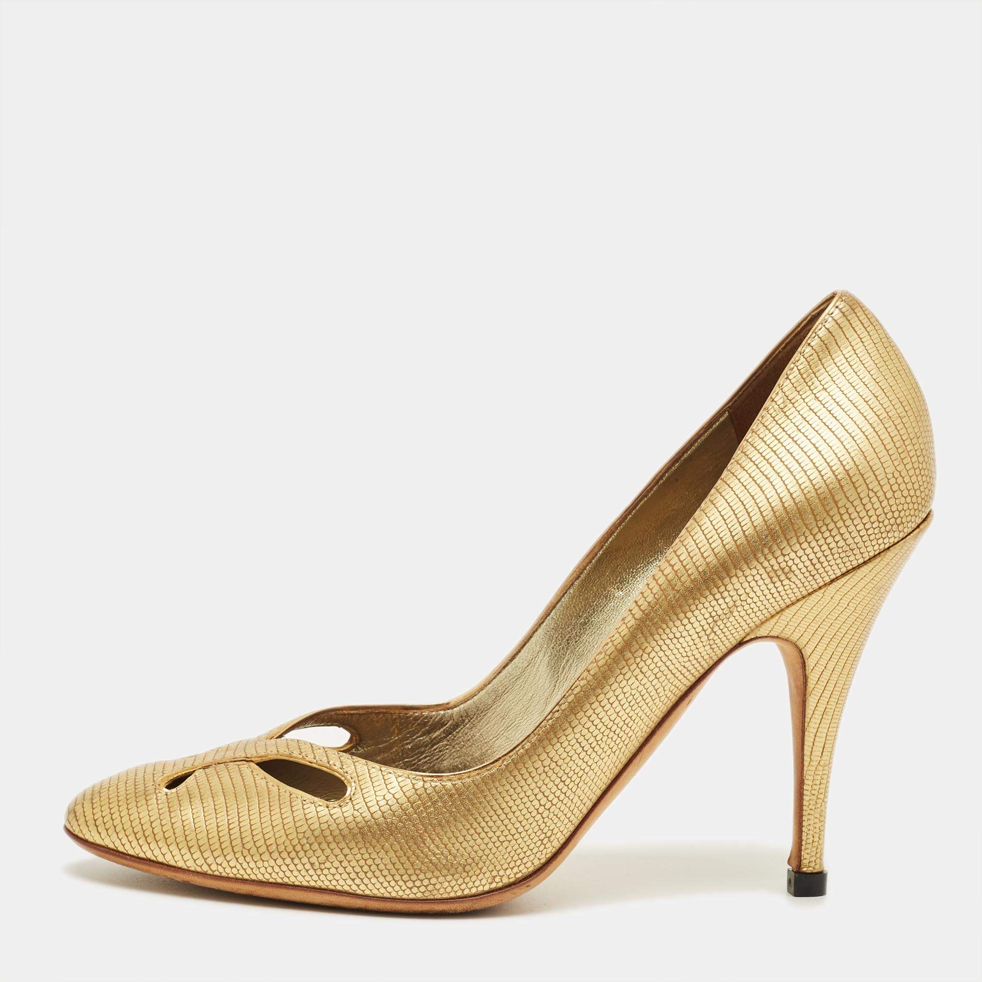 Pre Owned Giuseppe Zanotti Metallic Gold Lizard Embossed Leather Cut Out Pumps Size 37.5