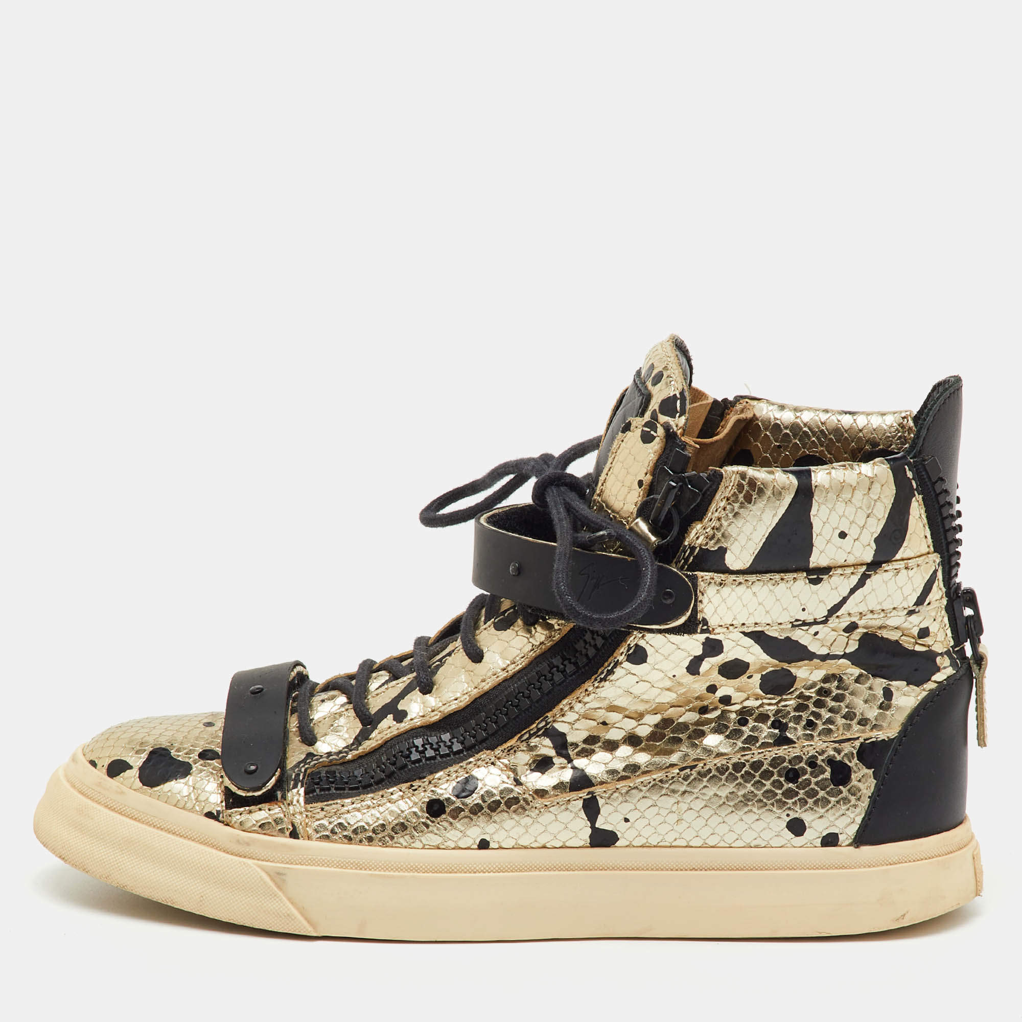 Pre Owned Giuseppe Zanotti Gold/Black Python Embossed Leather Coby High Top Sneakers Size 39