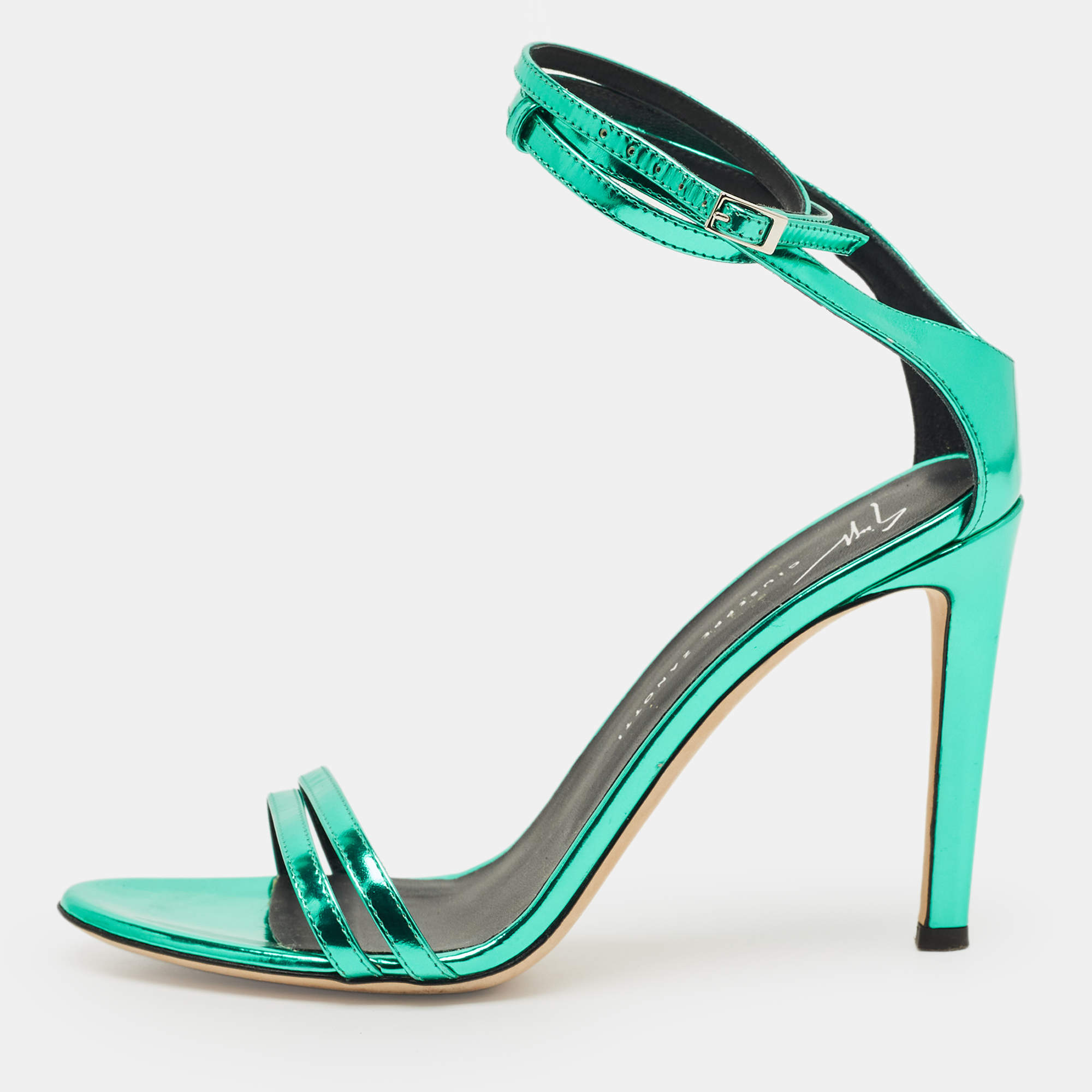 Pre Owned Giuseppe Zanotti Green Patent Leather Catia Ankle Strap Sandals Size 37.5