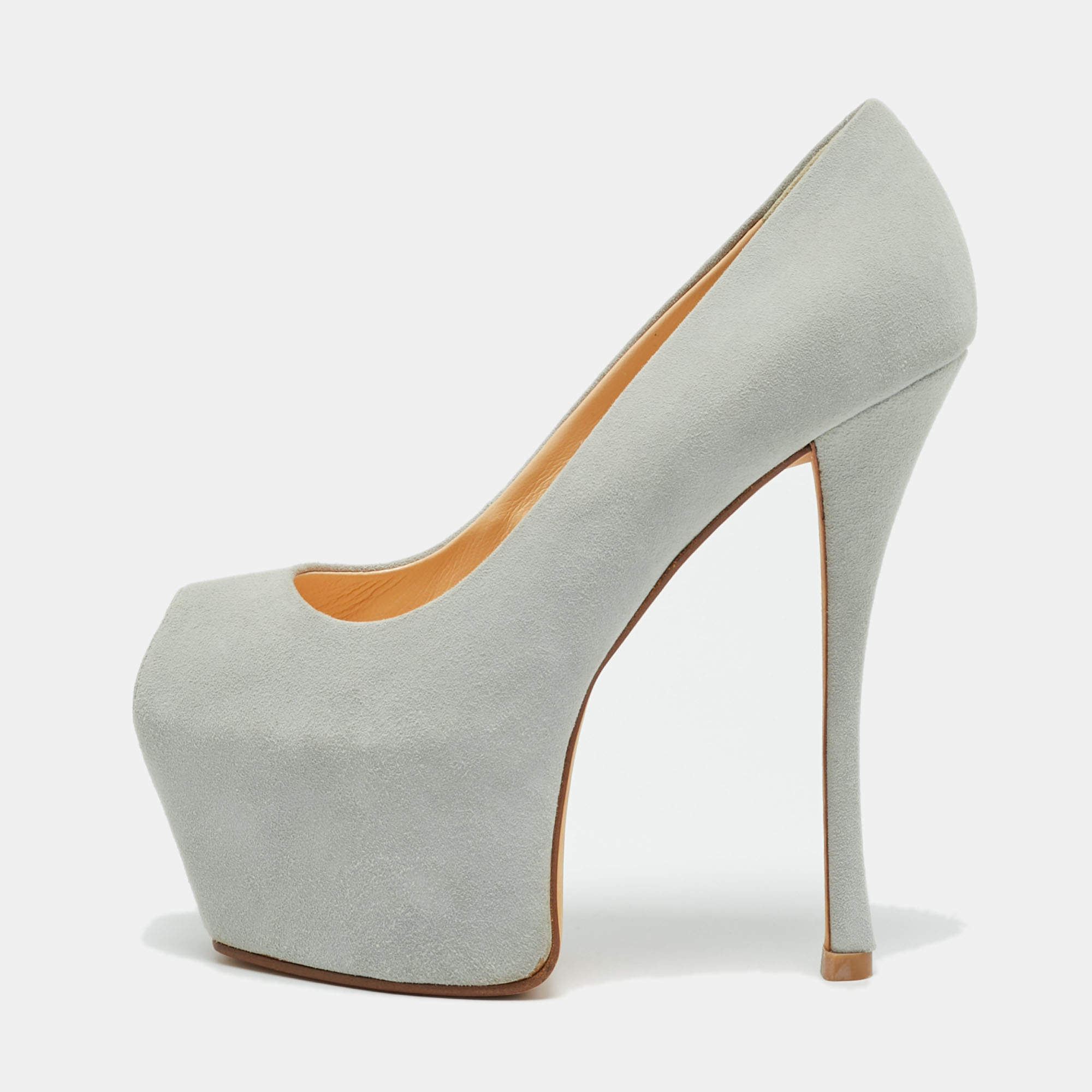 Pre Owned Guisuppe Zanotti Grey Suede Liza Peep Toe Platform Pumps Size 36
