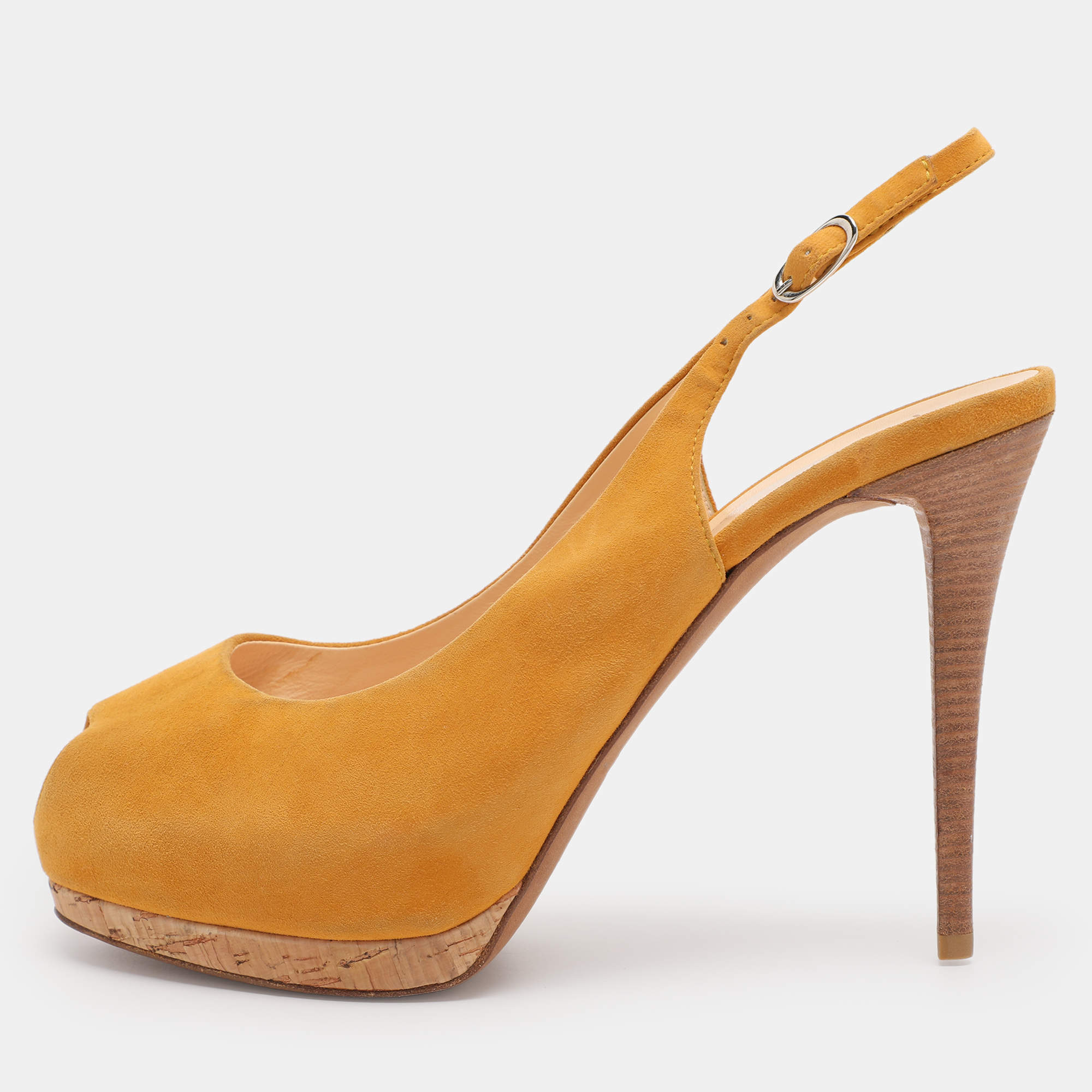 Pre Owned Giuseppe Zanotti Yellow Suede Slingback Platform Pumps Size 39.5