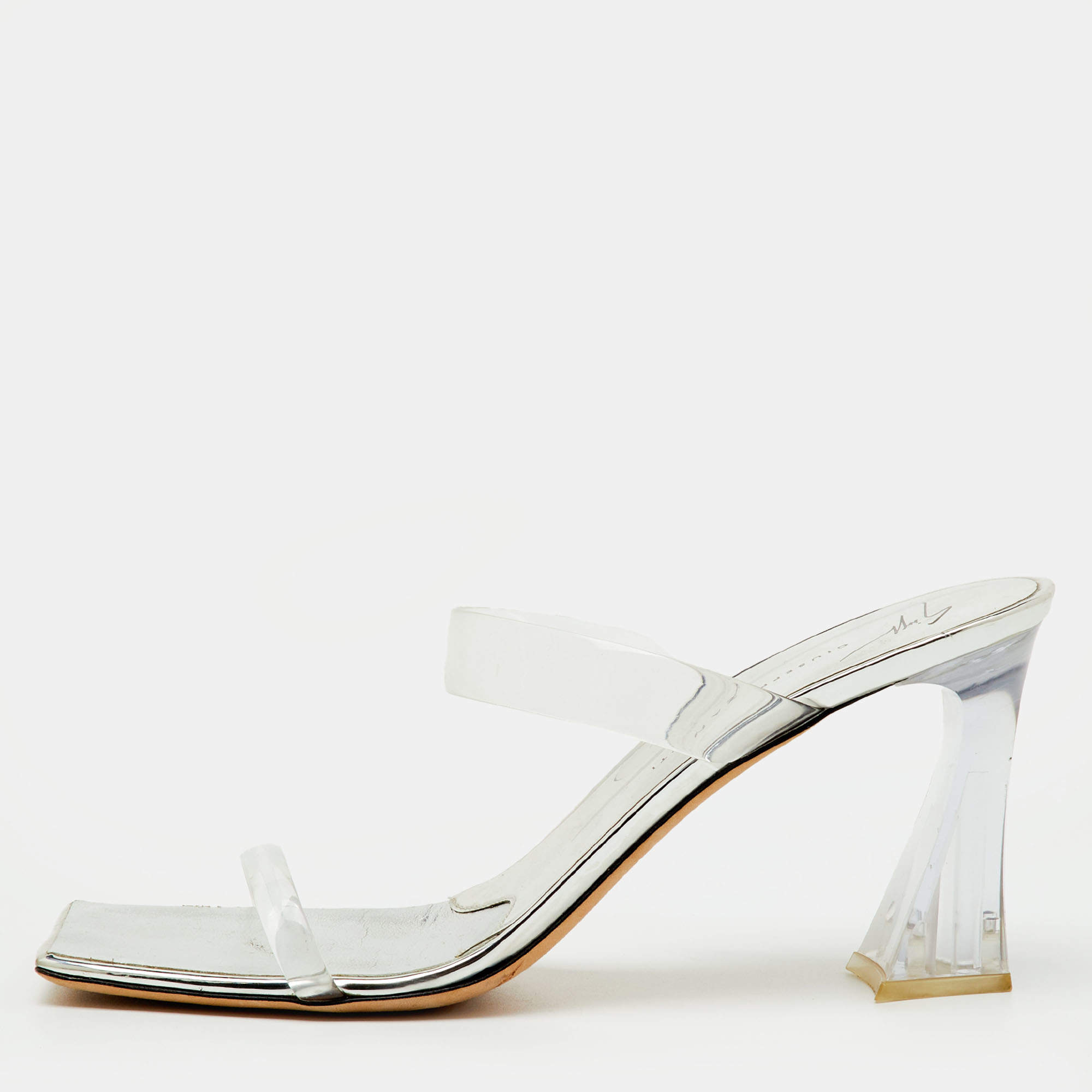 Pre Owned Giuseppe Zanotti Transparent/Silver PVC Flamina Flexi Slide Sandals Size 40.5