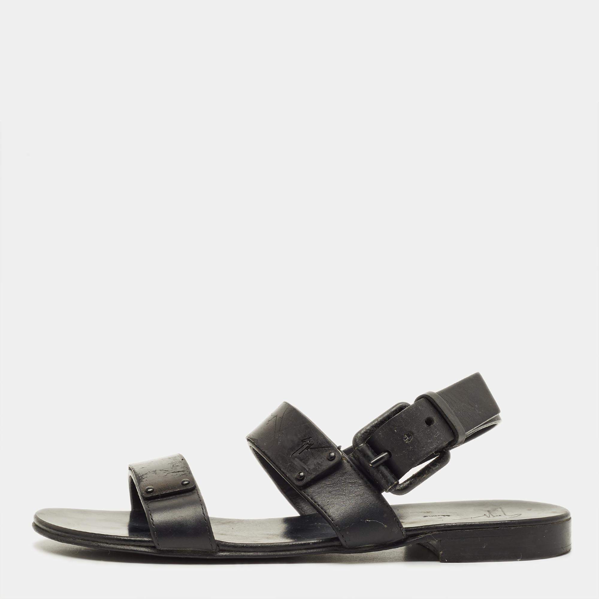 Pre Owned Giuseppe Zanotti Size 40 Black Leather Slingback Flat Sandals