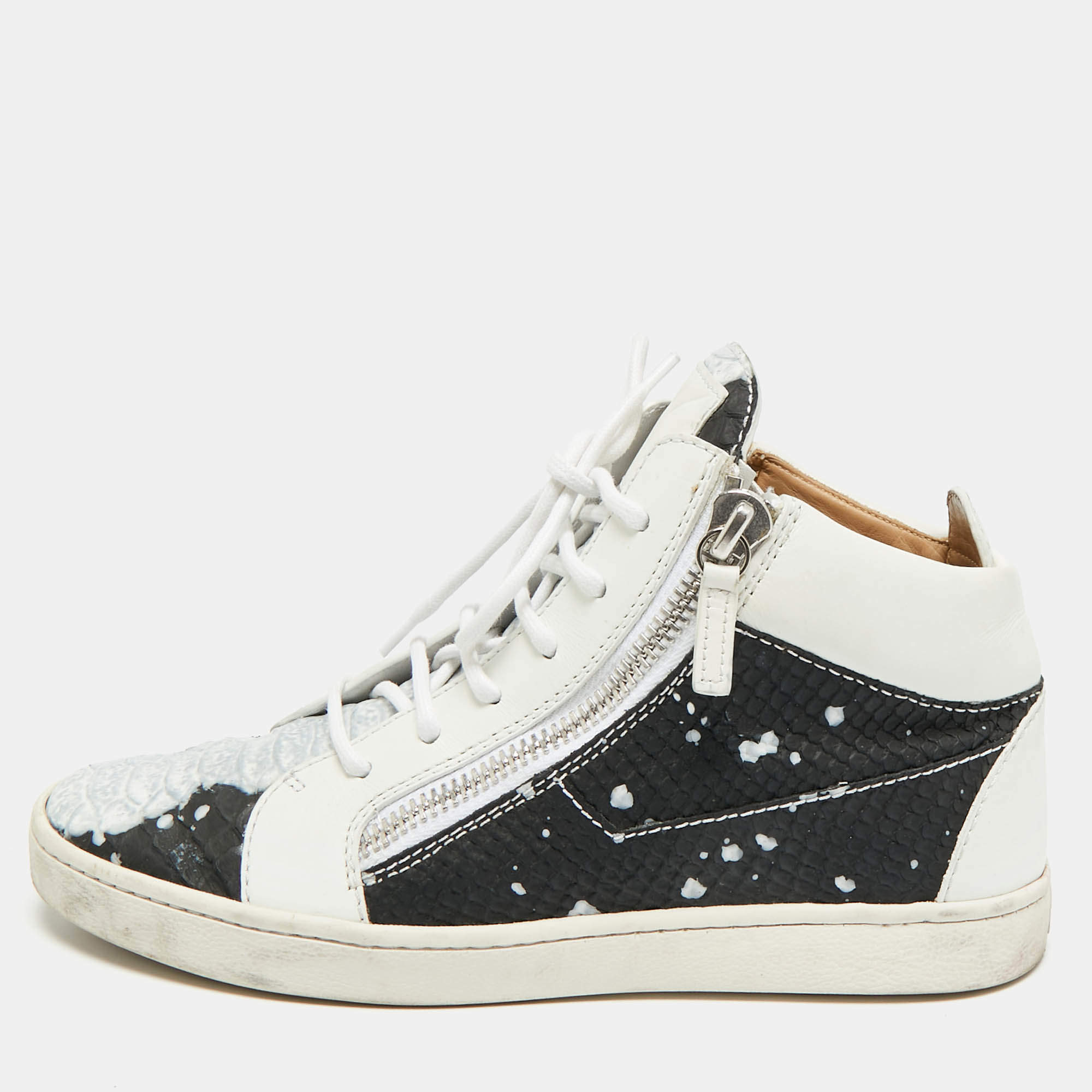 Pre Owned Giuseppe Zanotti Frankie Size 38 Tricolor Leather and Python Embossed High Top Sneakers