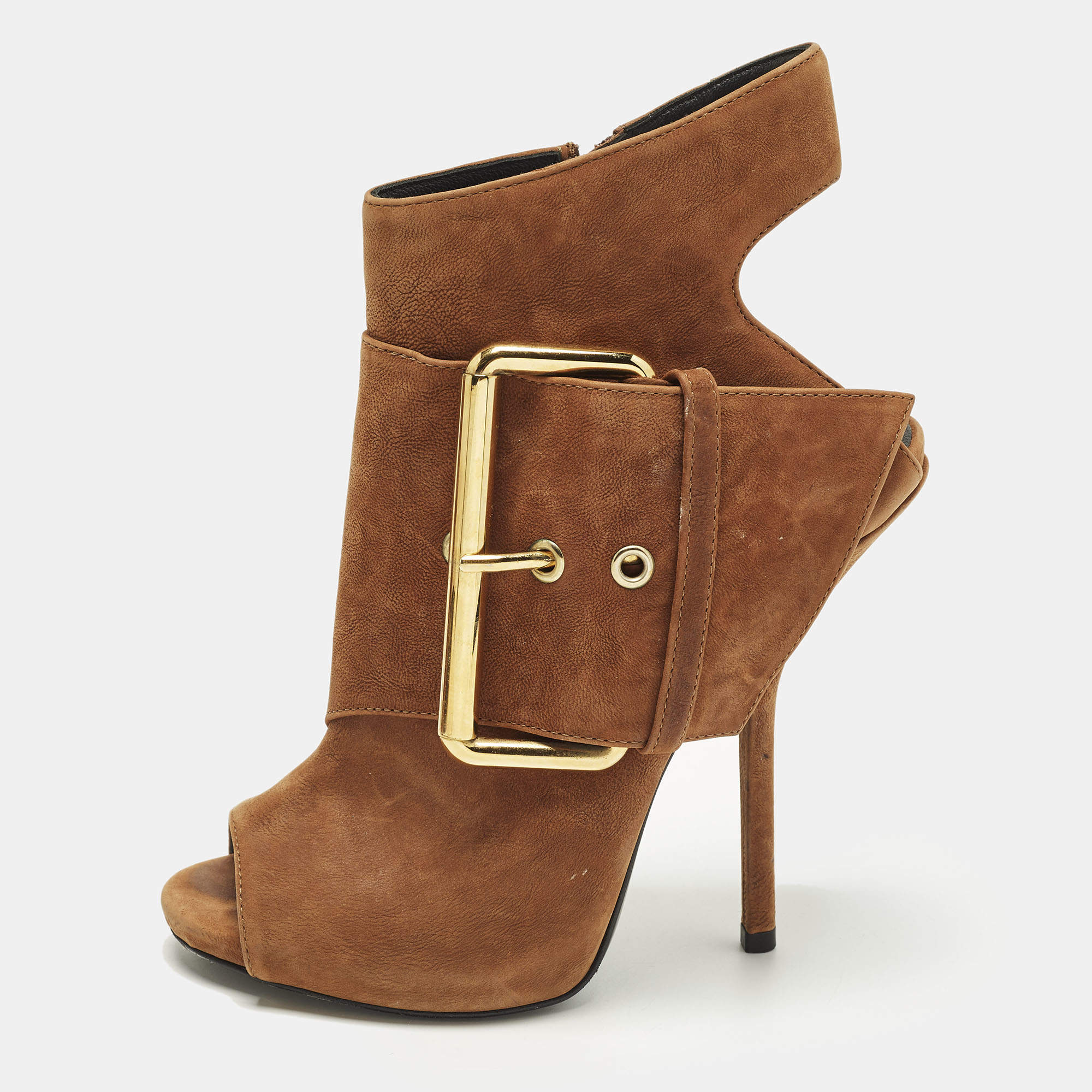 مملوكة مسبقًا Giuseppe Zanotti Size 36 Brown Nubuck Leather Buckle Detail Ankle Length Boots 