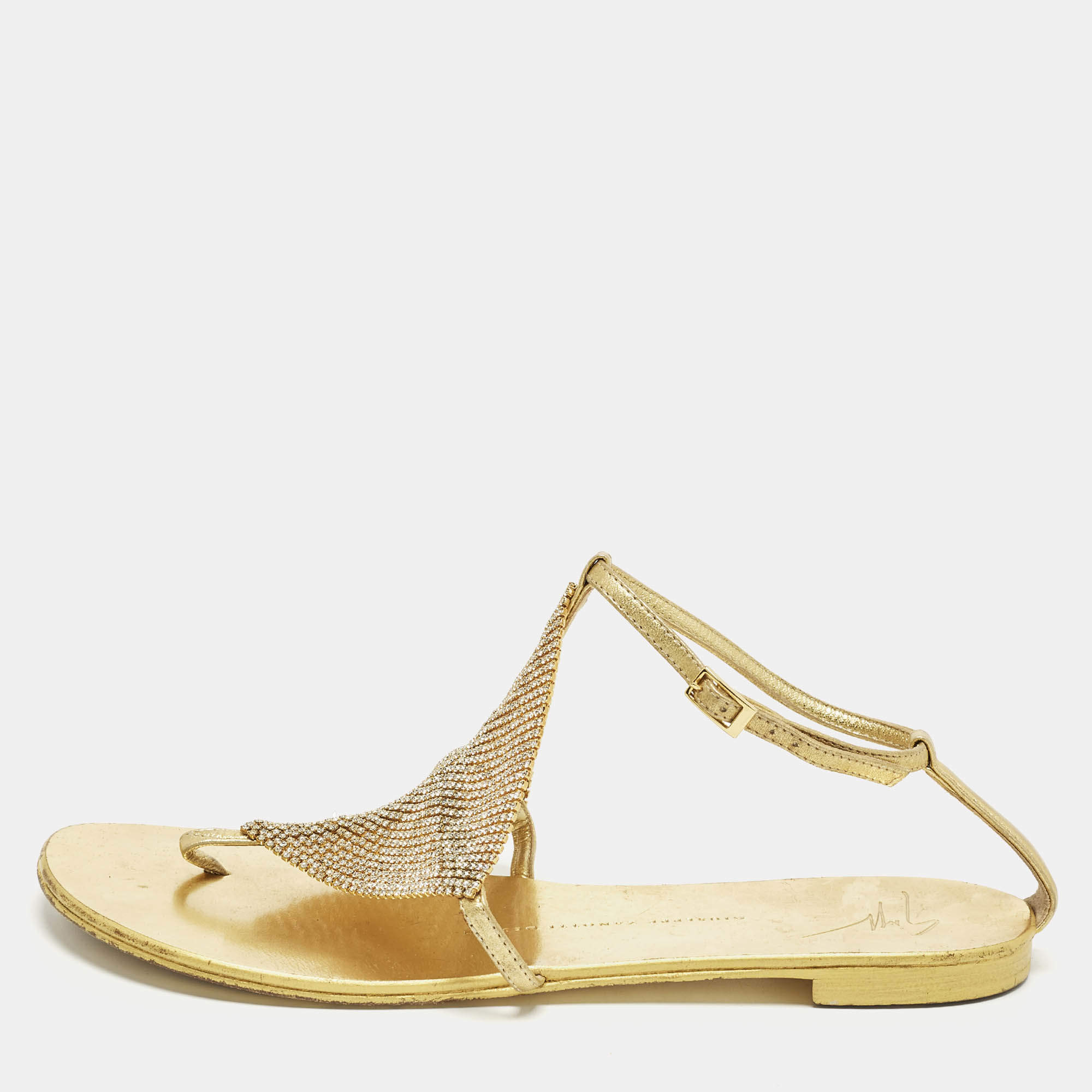 Pre Owned Giuseppe Zanotti Size 39 Gold Crystals and Leather Thong Ankle Strap Flats