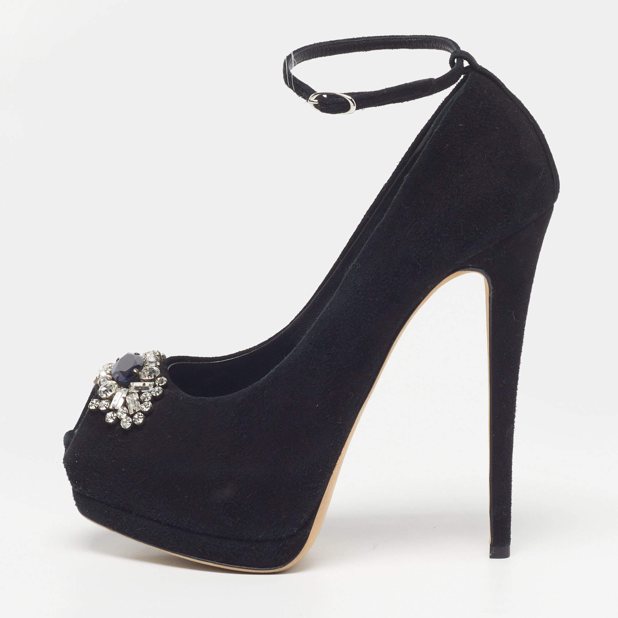 Pre Owned Giuseppe Zanotti Size 37.5 Black Suede Crystal Embellished Platform Pumps