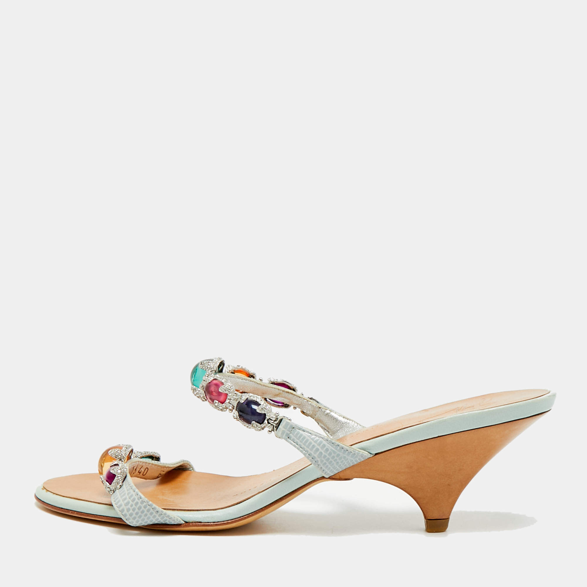 Pre Owned Giuseppe Zanotti Size 36 Blue/Grey Lizard Leather Crystal Embellished Slide Sandals 