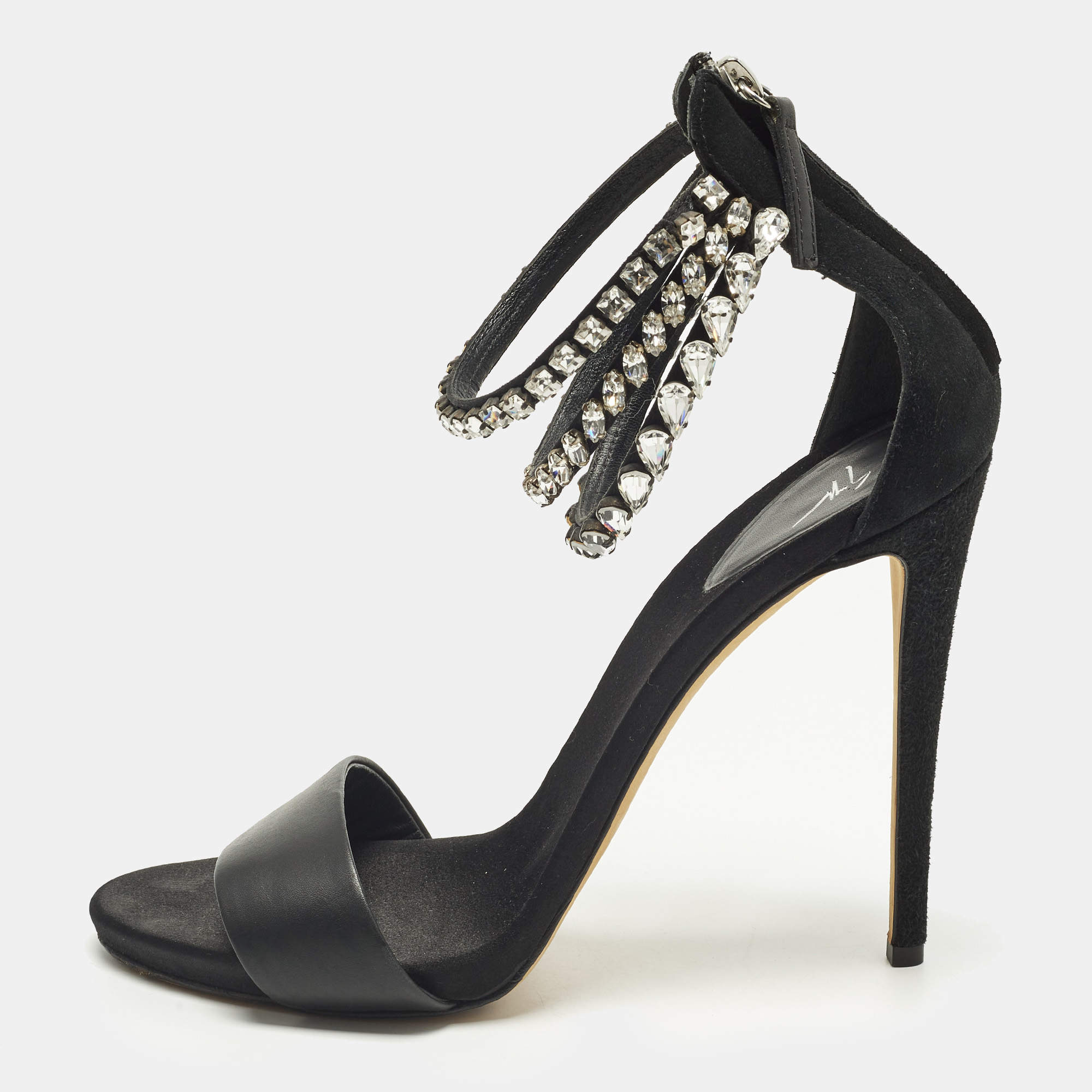 Pre Owned Giuseppe Zanotti Size 40 Satin and Leather Embellished Ankle Strap Sandals