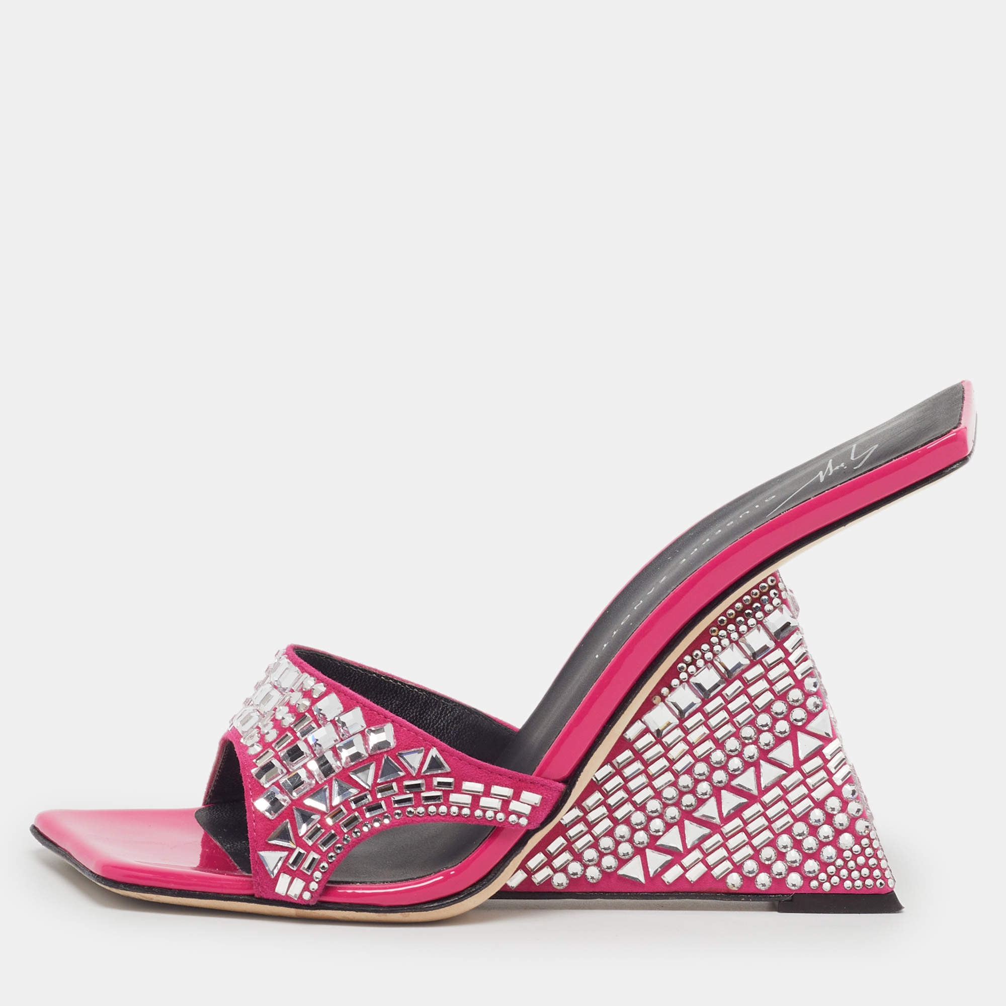 Pre Owned Giuseppe Zanotti Tutankamon Crystal Embellished Size 38.5 Pink Suede Slide Sandals