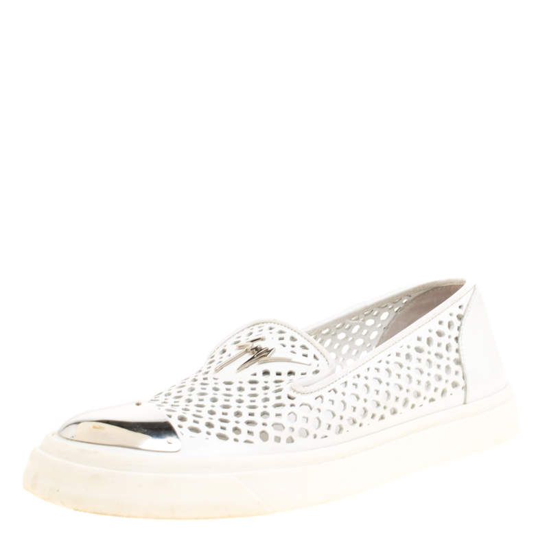 Giuseppe Zanotti White Perforated Leather Metal Cap Toe Skate Sneakers Size 40
