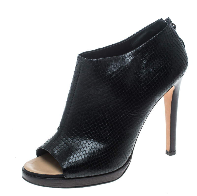 Pre Owned Giuseppe Zanotti Black Snake Embossed Leather Peep Toe Ankle Booties Size 40.5