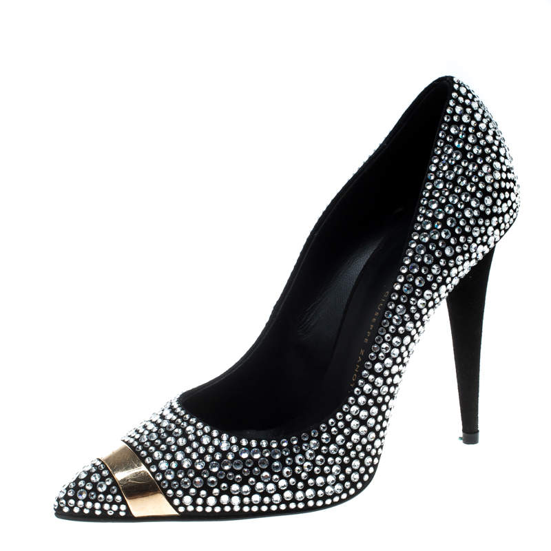 Pre Owned Giuseppe Zanotti Black Crystal Embellished Suede Ester Pointed Toe Pumps Size 37