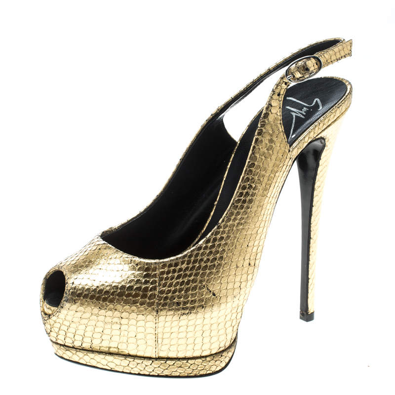 مملوكة مسبقًا Giuseppe Zanotti Metallic Gold Python Embossed Leather Peep Toe Platform Slingback Sandals Size 36.5