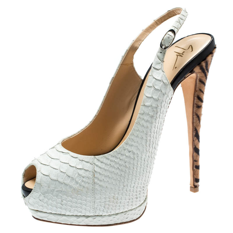 مملوكة مسبقًا Giuseppe Zanotti White Python Embossed Leather Peep Toe Platform Slingback Sandals Size 40