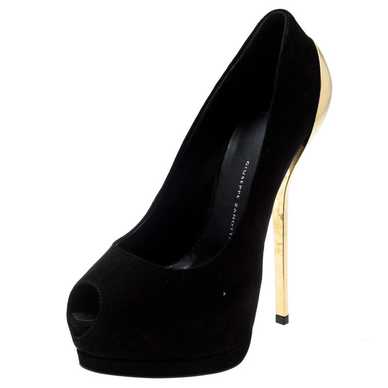 Pre Owned حذاء كعب عالي جوسيبي زانوتي شارون سويدي أسود مقدمة مفتوحة نعل سميك مقاس 37