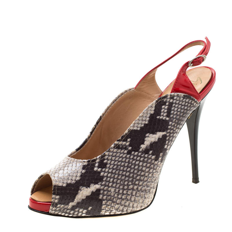 مملوكة مسبقًا Giuseppe Zanotti Beige Python Embossed Leather Peep Toe Slingback Sandals Size 38