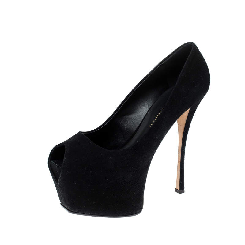 مملوكة مسبقًا حذاء كعب عالي جوسيبي زانوتي سويدي أسود مقدمة مفتوحة نعل سميك مقاس 40