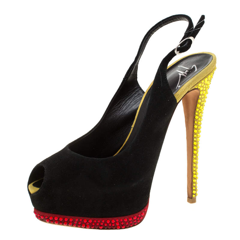 Pre Owned Giuseppe Zanotti Muticolor Suede Embellished Peep Toe Platform Slingback Sandals Size 37