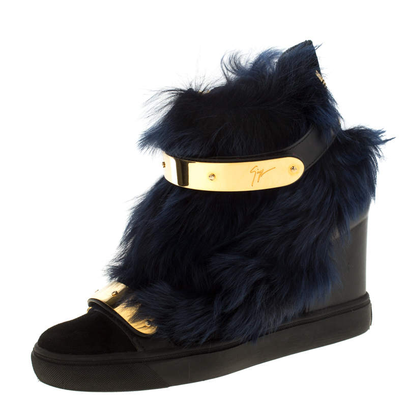 Pre Owned Giuseppe Zanotti Black/Blue Leather And Beaver Fur Lorenz High Top Wedge Sneakers Size 38.5