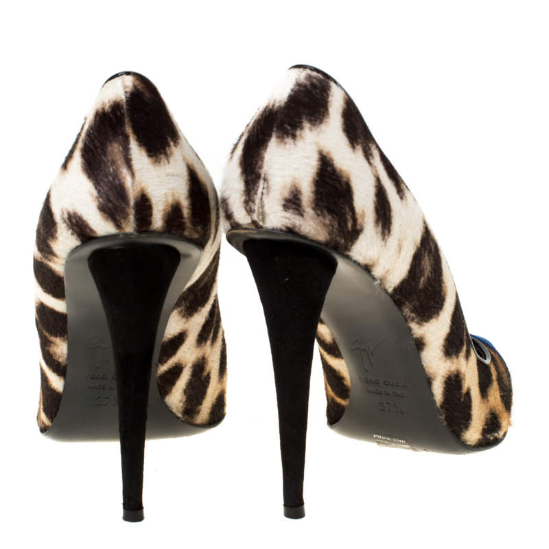 Giuseppe Zanotti Multicolor Leopard Print Pony hair And Blue Suede Pointed  Toe Pumps Size 37.5