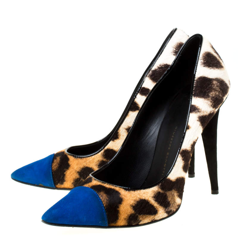 Giuseppe Zanotti Multicolor Leopard Print Pony hair And Blue Suede Pointed  Toe Pumps Size 37.5