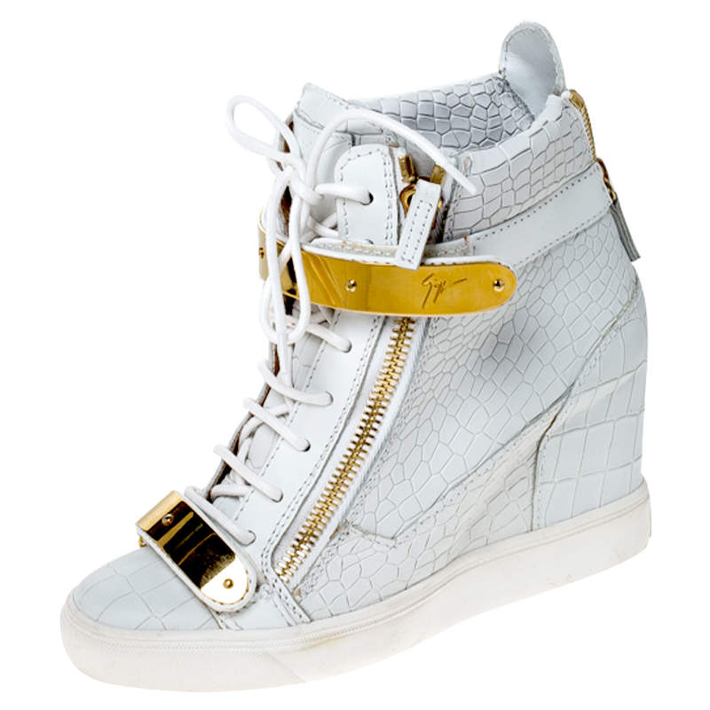 Giuseppe Zanotti White Croc Embossed Leather High Top Wedge Sneakers Size 38