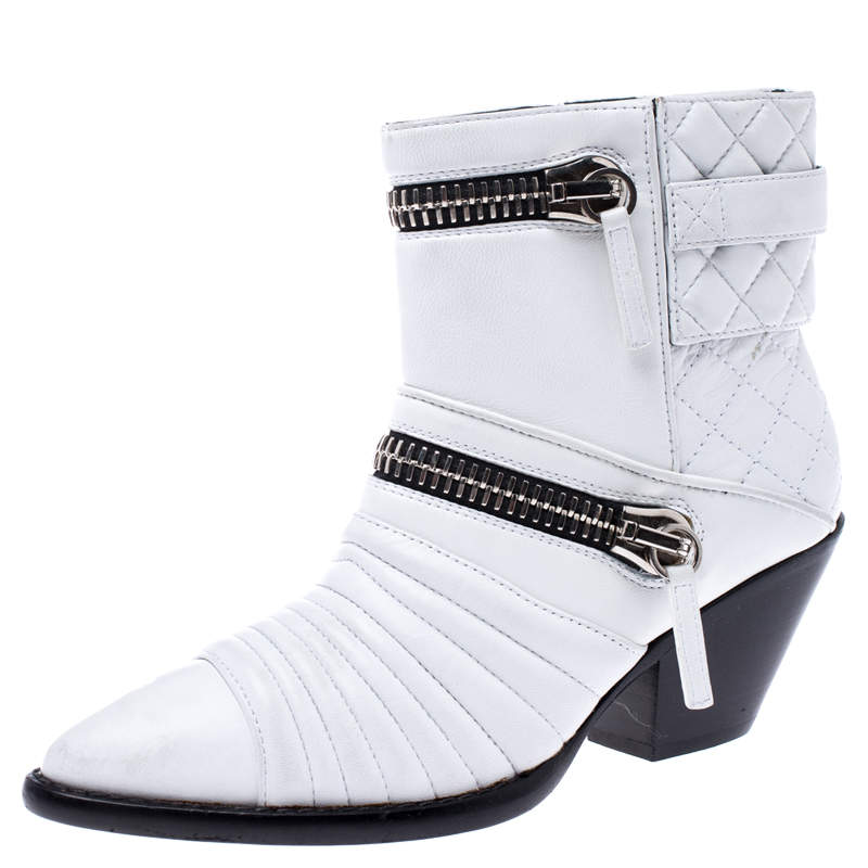 Giuseppe Zanotti White Quilted Leather Olinda Zipper Detail Ankle Boots Size 37.5