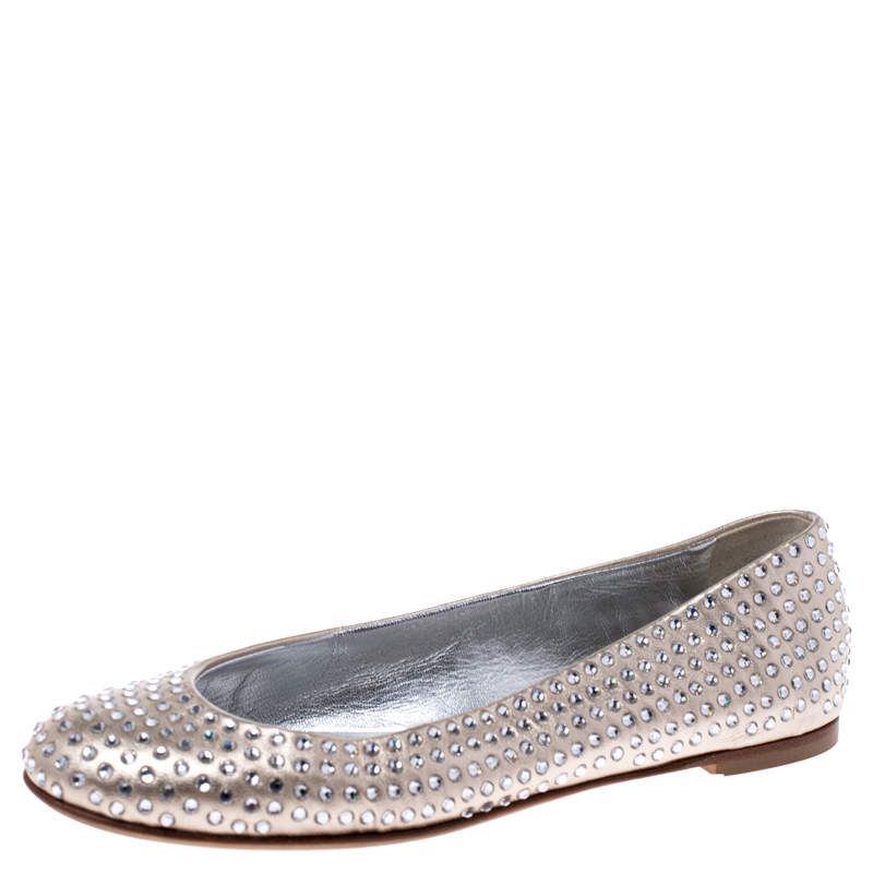 Pre Owned Giuseppe Zanotti Gold Leather Crystal Embellished Ballet Flats Size 36