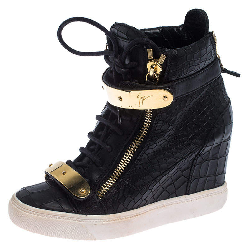 Pre Owned Giuseppe Zanotti Black Croc Embossed Leather Lorenz Wedge High Top Sneakers Size 36.5