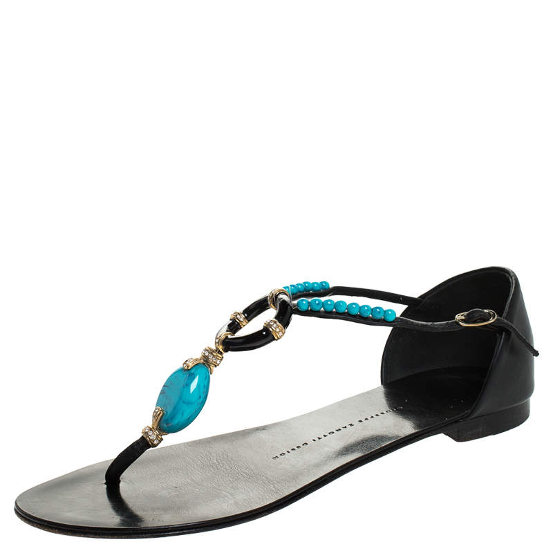 مملوكة مسبقًا Giuseppe Zanotti Black Leather Turquoise Beaded Ankle Strap Thong Sandals Size 38.5