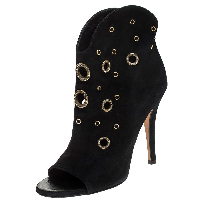 Pre Owned Giuseppe Zanotti Black Suede Embellished Eyelet Peep Toe Booties Size 36.5