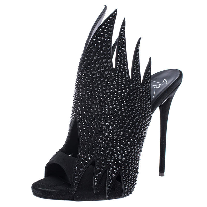 Pre Owned Giuseppe Zanotti Black Suede Crystal Embellished Open Toe Mule Sandals Size 39