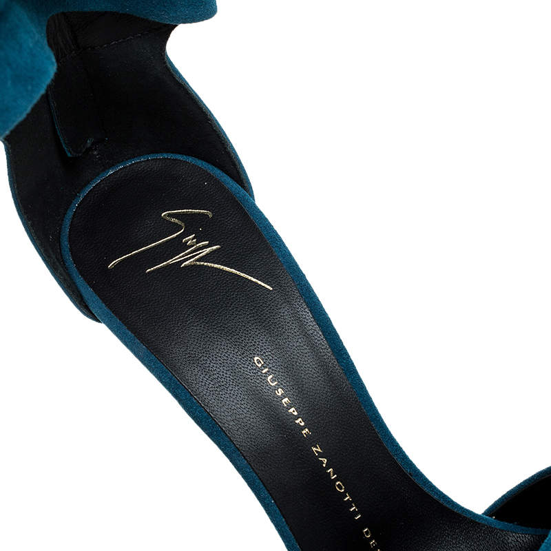 Pre Owned Giuseppe Zanotti Teal Suede Peep Toe Ringed Ankle Strap Sandals Size 37.5