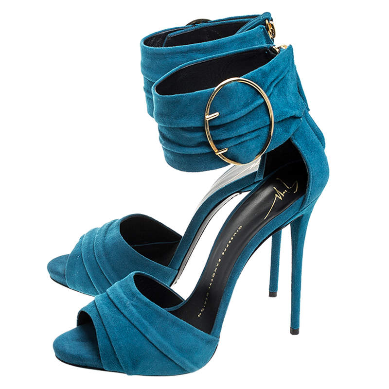 Pre Owned Giuseppe Zanotti Teal Suede Peep Toe Ringed Ankle Strap Sandals Size 37.5