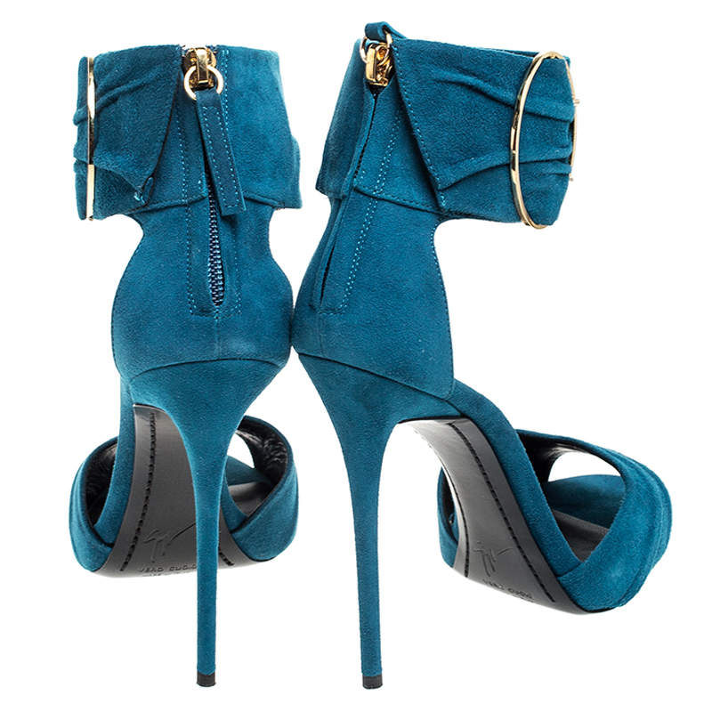 Pre Owned Giuseppe Zanotti Teal Suede Peep Toe Ringed Ankle Strap Sandals Size 37.5