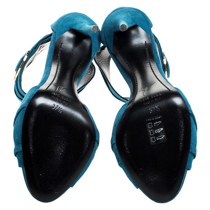 Pre Owned Giuseppe Zanotti Teal Suede Peep Toe Ringed Ankle Strap Sandals Size 37.5